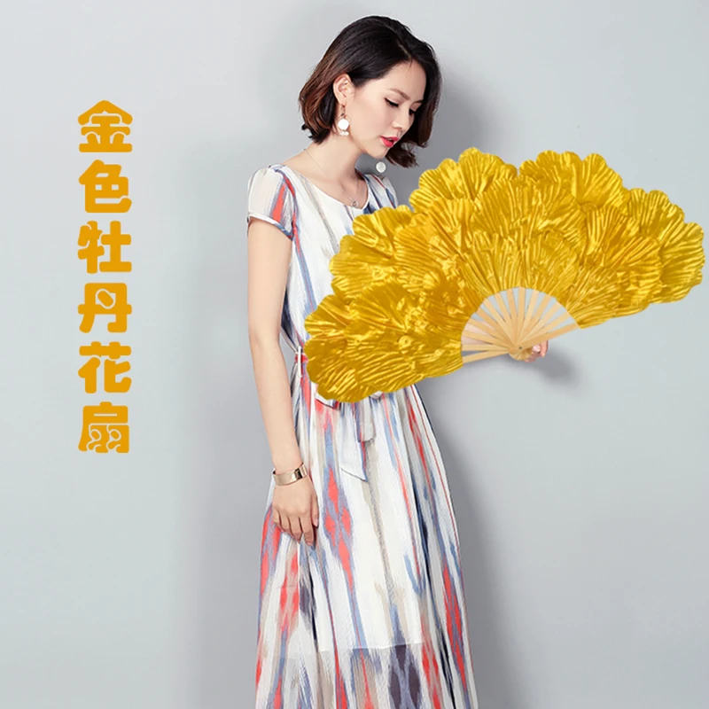

Stage Performance Props Dancing Silk Bamboo Fan Belly Dance Spanish Dancing peony handfan double-sided large Flower petals