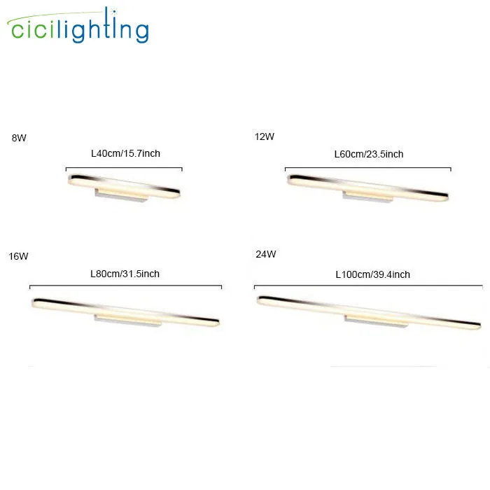 L40/60/80/100 см современные акриловые светодиодный перед зеркалом светильник 8/12/16/24 Вт светодиодный для ванной и душа; тщеславие настенный светильник arc или