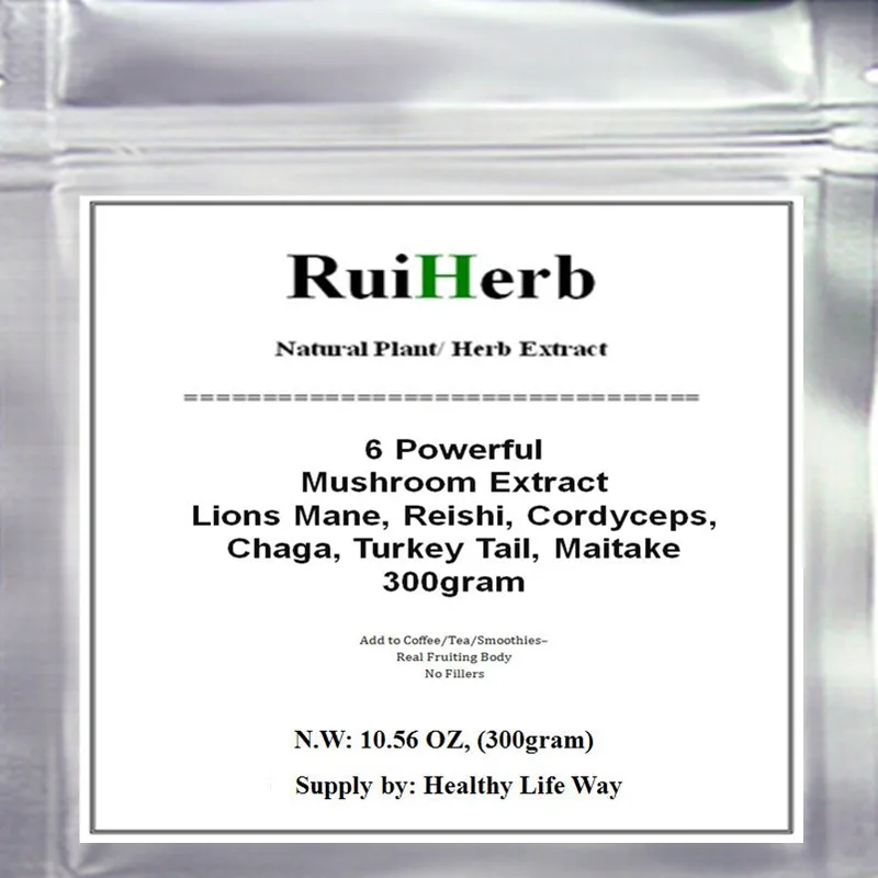 

Powerful 6 Mushroom Extract Powder - Organic - Lions Mane, Reishi, Cordyceps, Chaga, Turkey Tail, Maitake -300g- Supplement