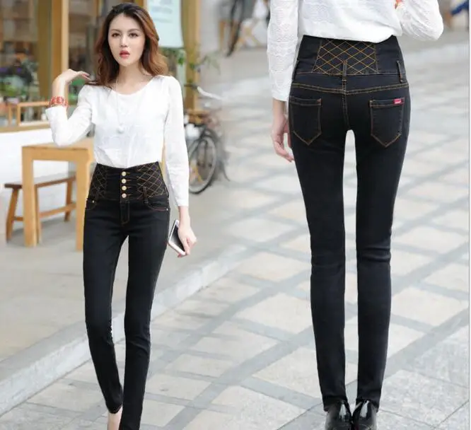 Autumn and Winter Black Color Denim Jeans Pants Newest Women High Wasist Single Breasted Elastic Pencil