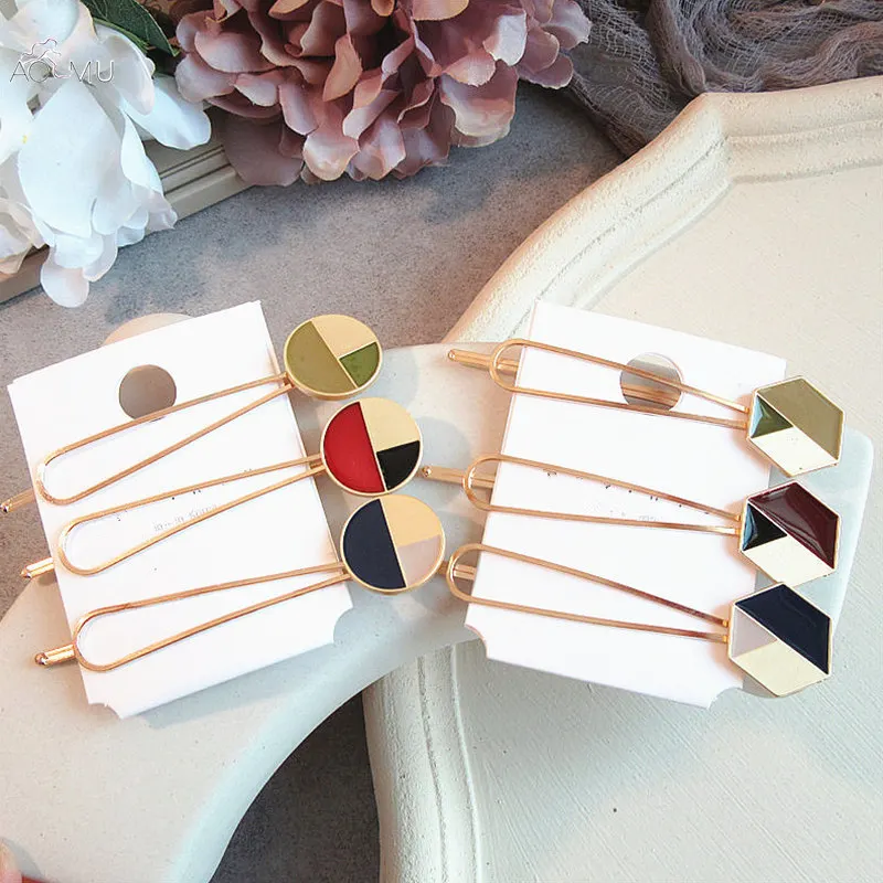 

AOMU 1PCS Geometric Round Irregular Hair Clips Hit color Alloy Hairpins Metal Gold Color Barrettes Hair Accessories For Women