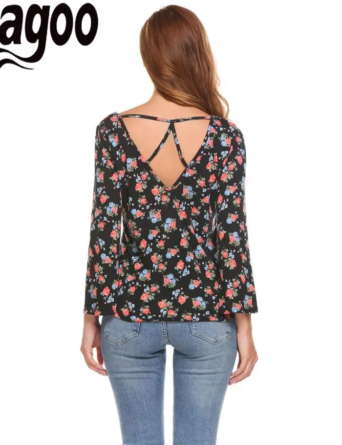 

None Floral O-Neck Long Sleeve Hollow Out Women Print Casual Loose T-Shirt Tops