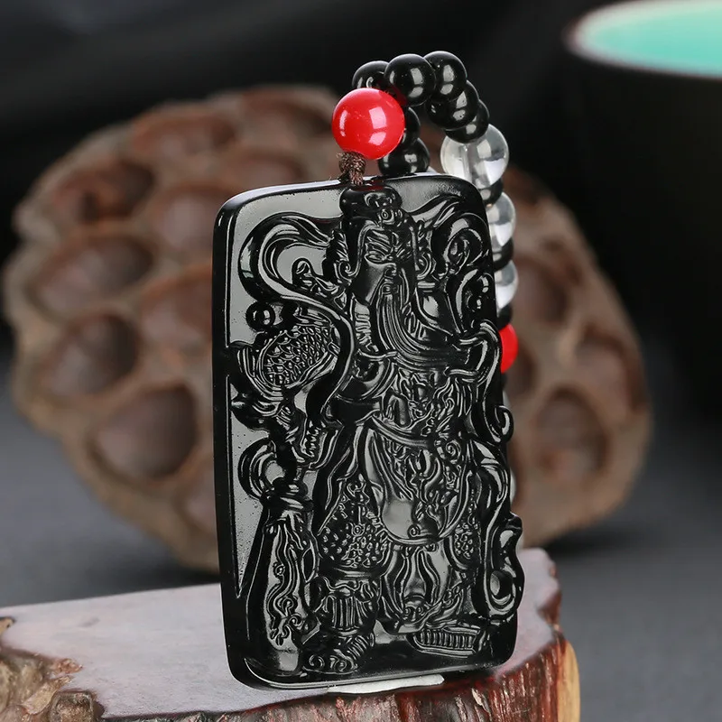 

Red bead pattern obsidian square guan gong qi sweater chain pendant