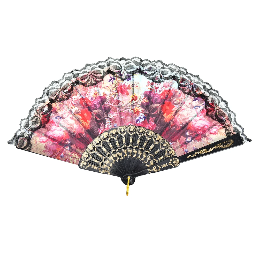 1Pcs Folding Hand Fan Spanish Flower Floral Fabric Lace Fans Dancing