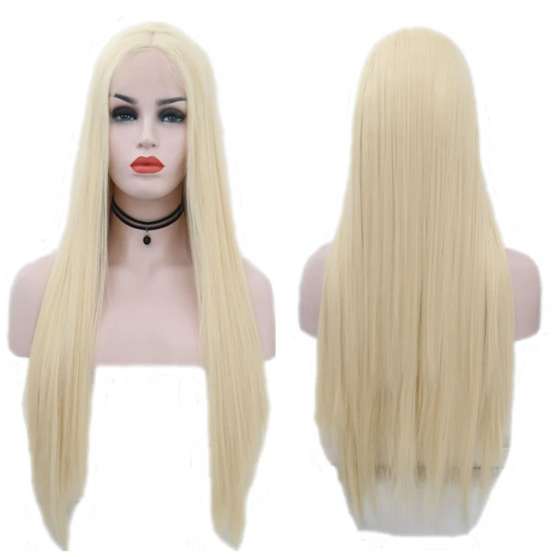 

JOY&BEAUTY Long Synthetic Front Lace Wigs 28 inch Straight Wig for Women Middle Part 613 Color High Temperature Fiber Hair