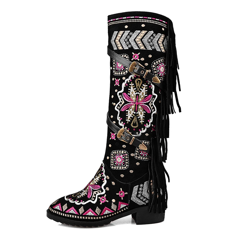 Véritable Femme Daim 33 Broderie Boucles Kairnluna 43 Qualité Bottes En Hiver Top Ethnique Vache Chaussures Fringe Noir Grande Style Taille Cuir vwONn8m0