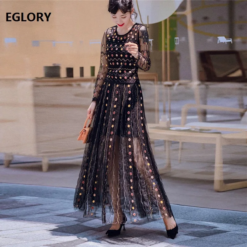 Top Quality New Autumn Long Evening Party Vestidos Women Sequined Beading Embroidery Long Sleeve Maxi Dresses Festival