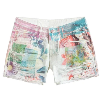 

Korea Style Women Ladies White Floral Pattern Colored Ripped Hole Denim Hot Shorts , Diestressed Woman Printed Flower Shorts