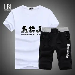 Новинка 2019, летний комплект, Мужская футболка с короткими рукавами из двух предметов, укороченный топ + шорты, мужские наборы спортивной
