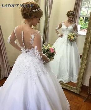

Illusion Ball Gown Wedding Dress 2019 Long Sleeve vestido de noiva Lace Appliques Beads Crystals Pearls Robe de Mariee Casamento