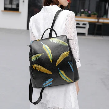 

2019 Fashion Backpack Genuine Leather Top Leather Feather Pattern Multifunction Bag Women Back Pack Leisure Large Capacity Bags