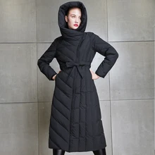 YNZZU новые зимние куртки женские элегантные однотонные длинные тонкие пуховики с капюшоном женские зимние пальто плюс размер O568