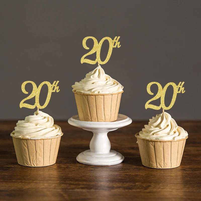 20th Cupcake toppers, Золотой/Серебряный/черный блестящий выбор еды для 20 дней рождения украшения аксессуар для кекса поставки