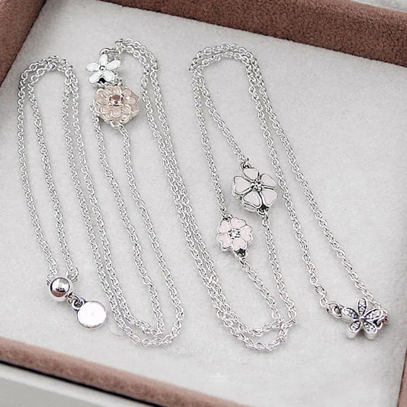 

New 925 Sterling Silver Necklace Enamel Poetic Bloom With Crystal Pendant Necklace For Women Wedding Gift Fine Pandora Jewelry