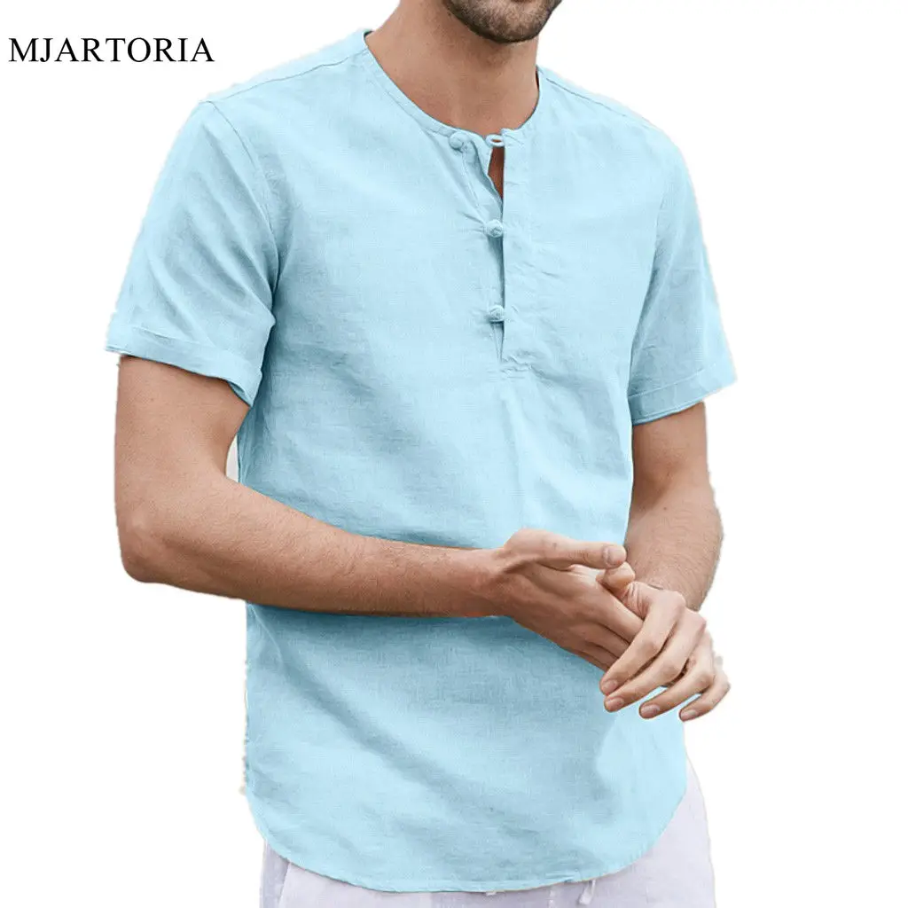 

MJARTORIA Fashion Mens Shirt Summer Linen Short Sleeve Solid Color Loose slim fit Casual Shirt Blouse Mens camisas de
