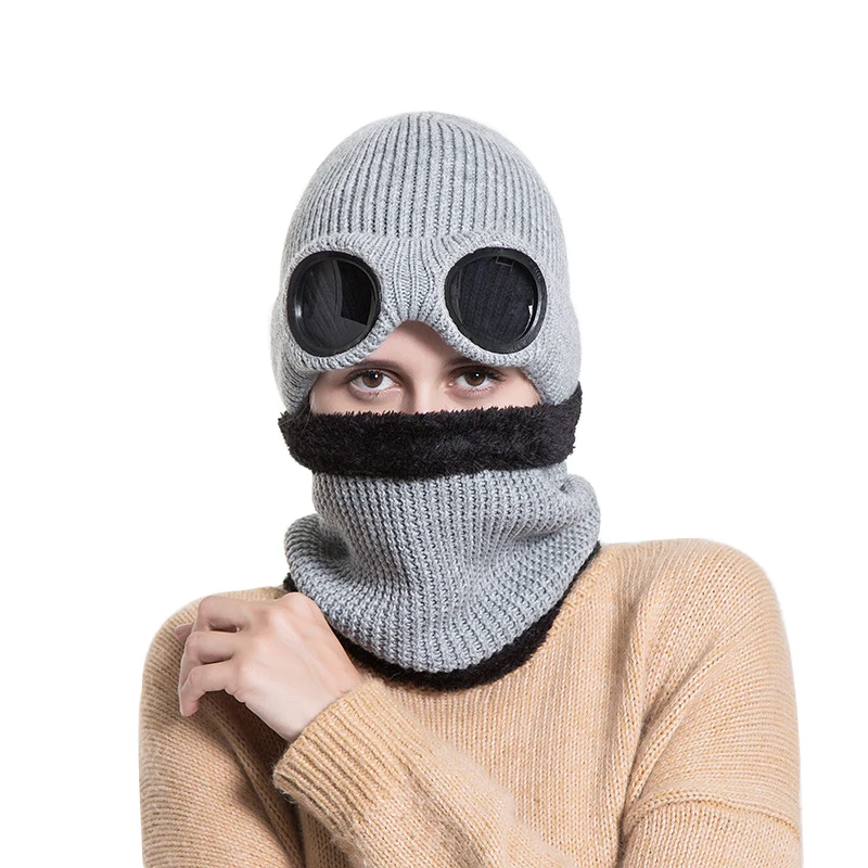 

Windproof Glasses Hat Plush Thick Cap Winter Knitted Warm Scarf For Men Women Removable Glasses Ski Hat Skullies Gorros
