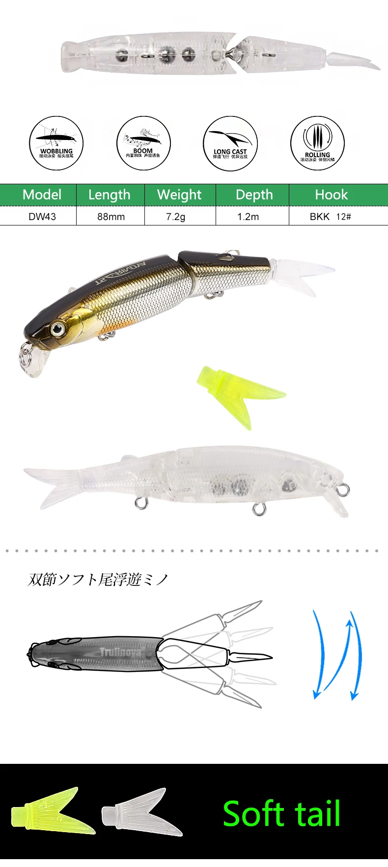 TSURINOYA DW43 рыболовные приманки мульти шарнирная приманка мягкий хвост гольян хорошее действие 88 мм 7,2 г воблеры Щука искусственные приманки bearking