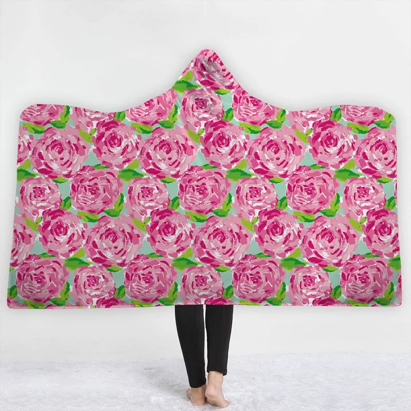 3D Floral Printed Hooded Blanket for Woman Cloak Flower Sherpa Fleece