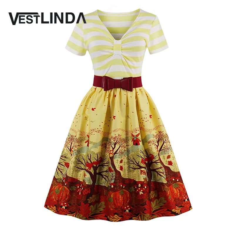 Buy Cheap VESTLINDA Vintage 50s 60s Rockabilly Party Dresses Women Yellow Short Sleeve Summer Dress Robe Plus Size Pleated Bow Sash Dress