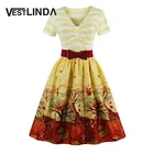 Save 12.28 on VESTLINDA Vintage 50s 60s Rockabilly Party Dresses Women Yellow Short Sleeve Summer Dress Robe Plus Size Pleated Bow Sash Dress