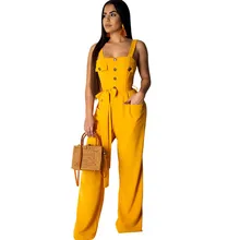 Yellow Summer Jumpsuits for Women Rompers Sexy Sleeveless Backless Button Casual Wide Leg Pants Loose Overalls Pockets Sashes button fly pockets wide pants
