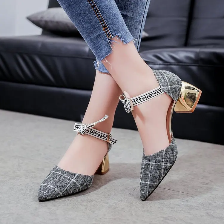 

Spring and Summer New Pointed Side Empty Sandals Stylish Rough with Bow One Word Buckle Sandals