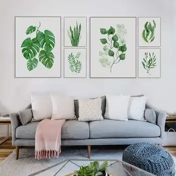 

Nordic Modern Watercolor fresh Plants green Leaves Wall Art Canvas Print Poster, Wall Painting for Home Decoration
