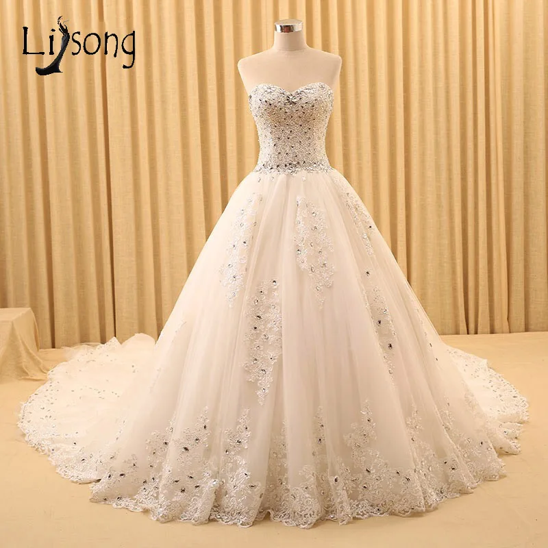 Beaded Luxury Ivory Strapless font b Wedding b font Dresses Long Chapel Train font b Bridal
