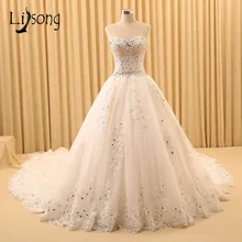 Beaded Luxury Ivory Strapless font b Wedding b font Dresses Long Chapel Train font b Bridal