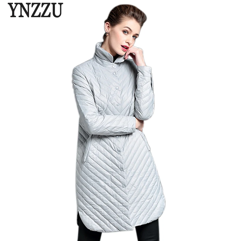 Outono Mulheres Casacos Longos Casacos Chic 2017 Gola Único Breasted Cor Sólida Branco Pato Para Baixo Casacos Parka Acolchoada AO207