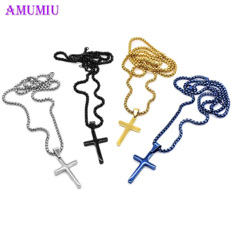 

AMUMIU Fashion Cross Pendant Necklace Gold Blue Silver Black Small Classic Pendants Stainless Steel Religion Jesus P001