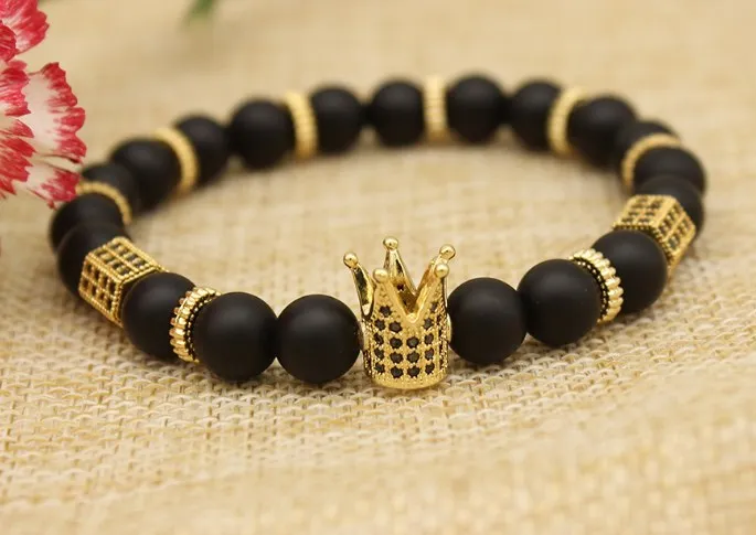 

8mm uj4324 gold Crown Matte agate elastic adjusted zircon cubic zirconia Bracelet Stone bead essential oils diffuser