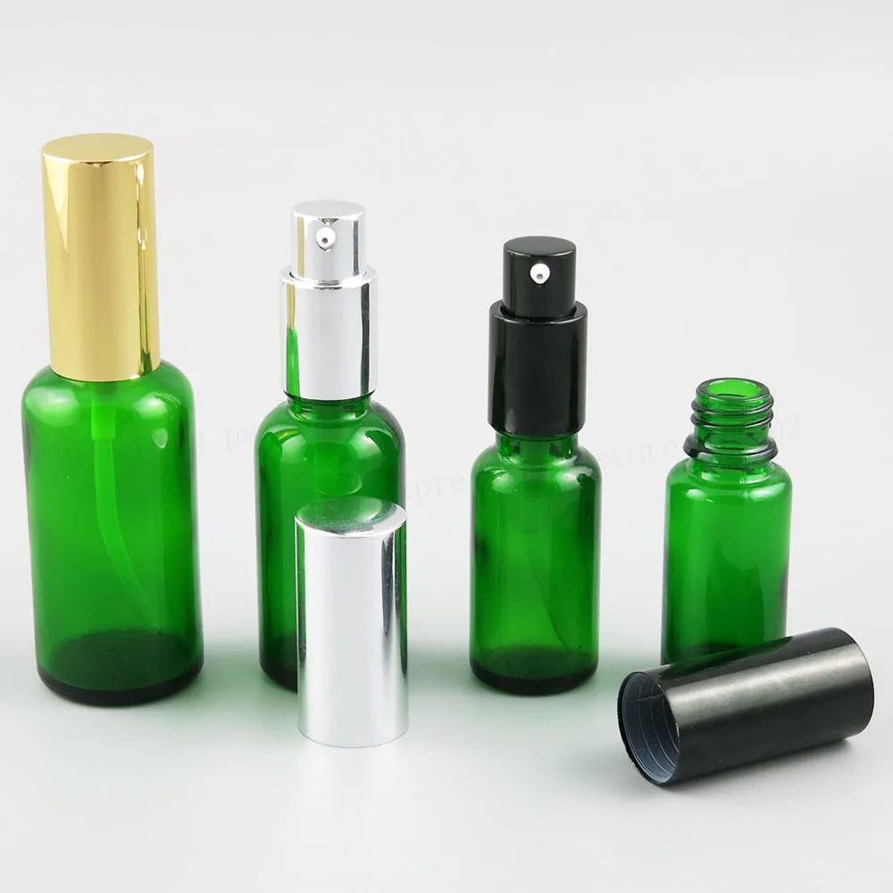 200 x Refillable Green Glass Bottle With Aluminium Pump 1oz Glass