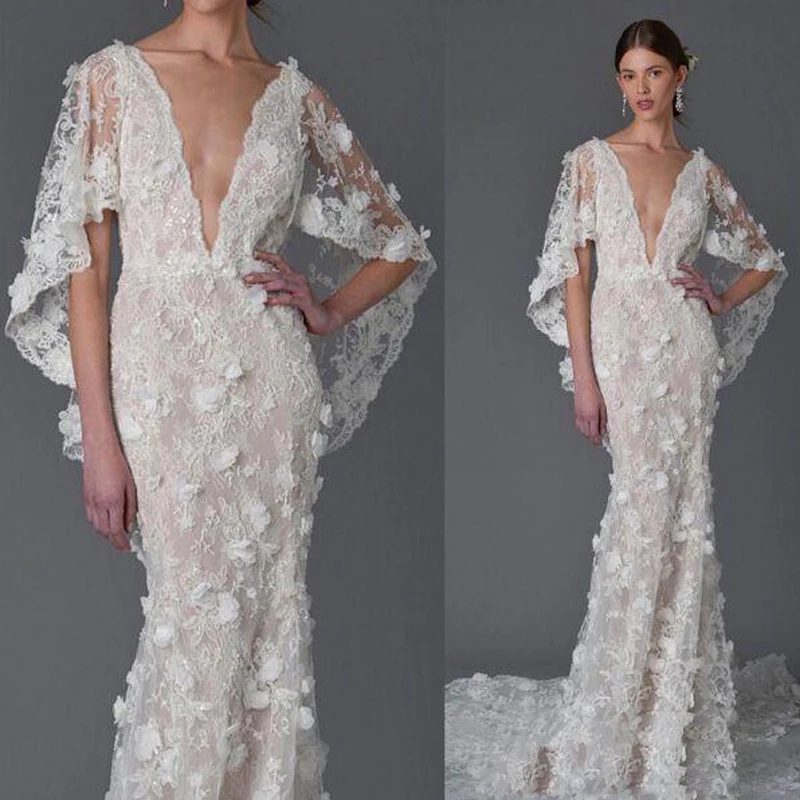 3D Floral Dubai Ayaba Bell Sleeve Mermaid Beach Wedding Dresses 2017 Handmade Flower V-neck Full length Fishtail Wedding Gown189