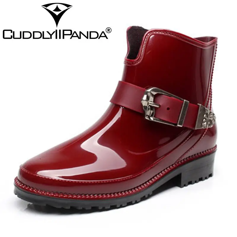 

CuddlyIIPanda New Design Rain Boots Waterproof Flat with Shoes Woman Rain Women Water Rubber Ankle Boots Buckle Strap Boots