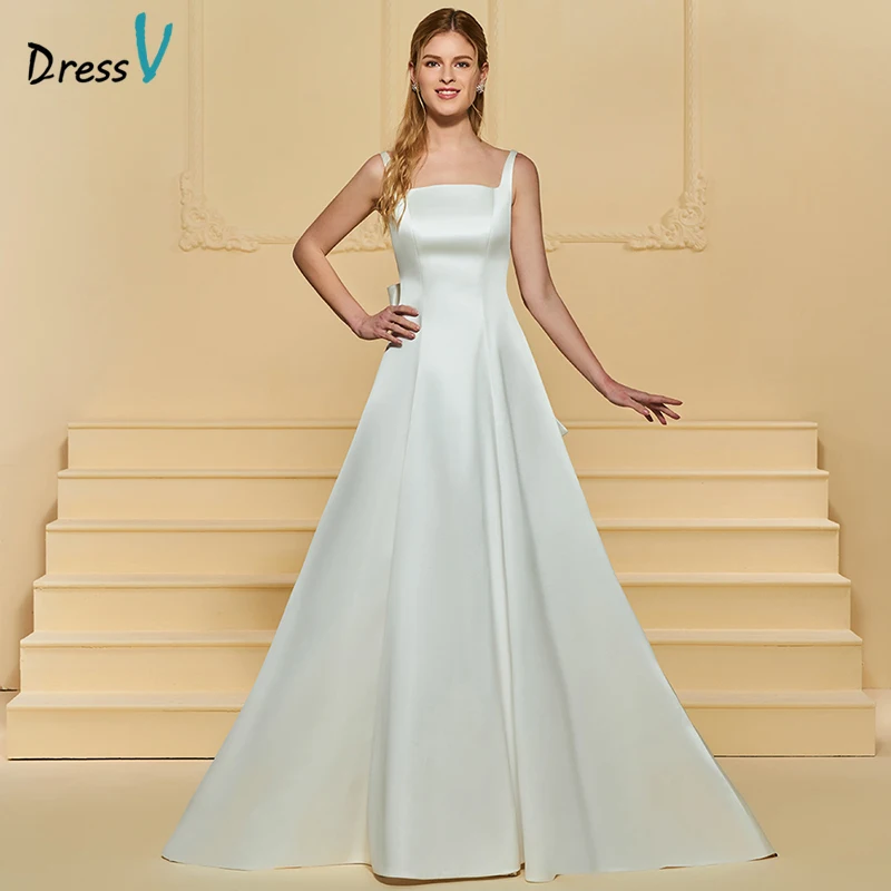 Dressv Ivory Long Wedding Dress Square Neck Sleeveless Backless A Line