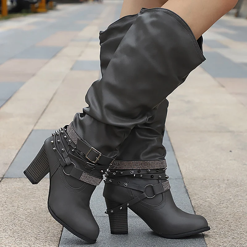 

Winter boots rivet crystal big size 4.5-10.5 fashion mid-calf bootsfor woman non-slip spike heel boot 2019 new arrival
