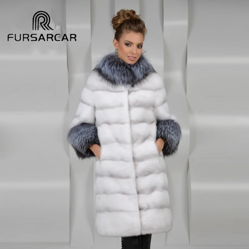 Fursarcar Роскошные натуральный мех пальто Для женщин норковая шуба Silver Fox меховой воротник Для женщин шуба женская куртка норковая шуба