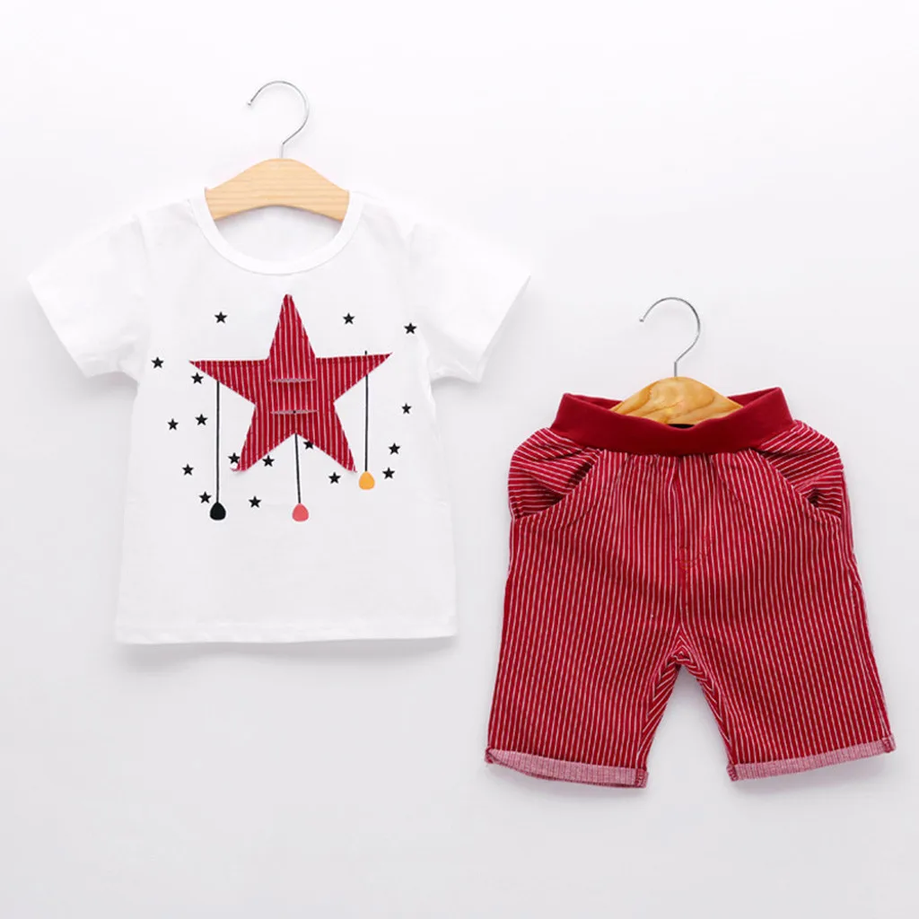 

Toddler Kids Baby Boys Girls Outfits Clothes Stars T-shirt Top+Stripe Shorts Set