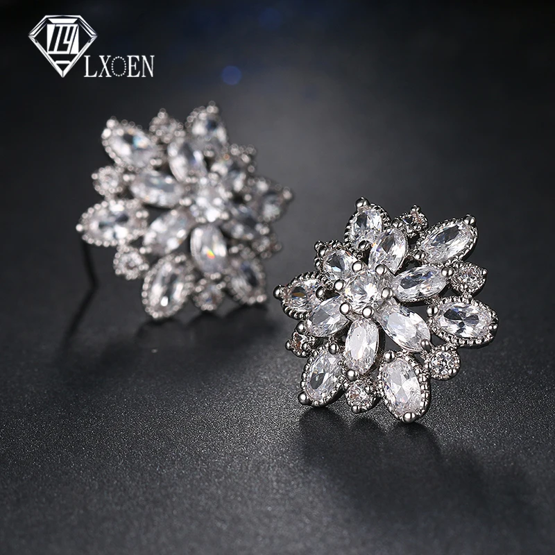 

LXOEN Elegant Zircon Women Stud Earrings Silver Color Fashion Bridal Wedding Flower Ear Studs Jewelry Gift Pendientes