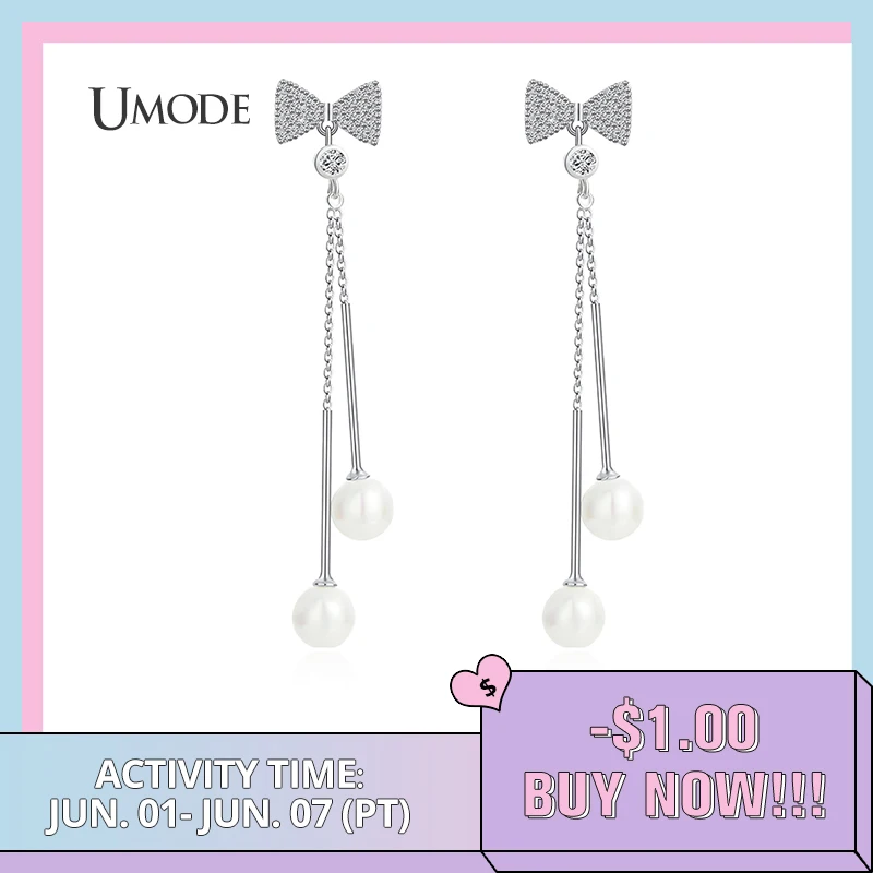 

UMODE Bowknot Drop Earrings for Women with Pearl Long Chain Zirconia Dangle Dangling Earrings Handmade Fashion Jewelry UE0472