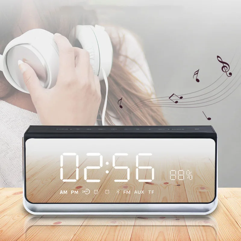 

Portable Bluetooth Wireless Speaker Support FM Card Mirror Alarm Clock Light Speaker GDeals