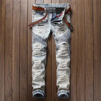 

2019 New Men's White Hole Denim jeans Straight Waist Lacquer Denim Men's trousers More Size 28-34 36 38