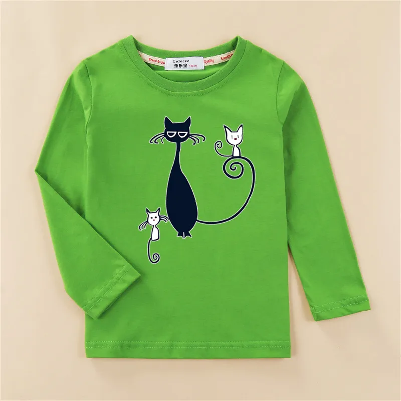 Футболки с принтом котенка; футболка для девочек; Модная одежда с длинными рукавами; топы для маленьких девочек с милым рисунком кота; детская футболка из чистого хлопка - Цвет: Green