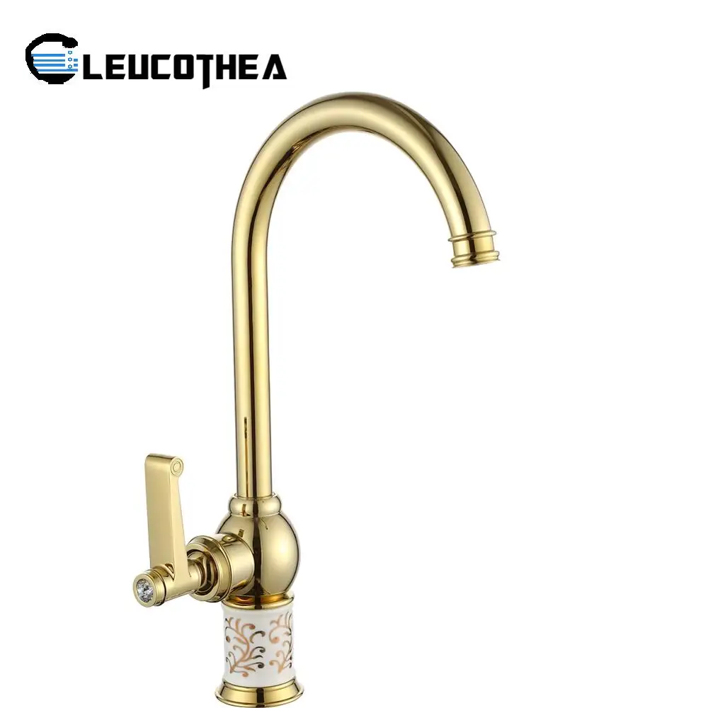 

LEUCOTHEA Luxury Ceramic Gold Finish Kitchen Faucet Deck Mounted 360 Degree Swivel Single Handle Sink Faucet Mixer Tap LX-87535