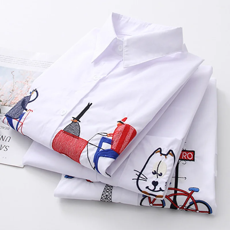 Summer Cartoon Embroidery Women Long Blouse 2019 Cotton Cat Bike Full Sleeve Turn Dwon Collar Loose Sweet Female Sexy Lady Shirt