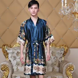 Новые летние темно-зеленый китайский Для мужчин Шелковый Hand-Made Окрашенные Кафтан Lounge пижамы халат платье с поясом Бесплатная размеры 18