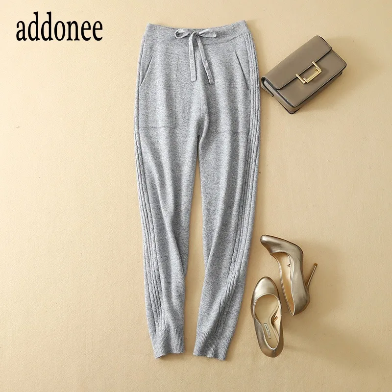 

New Sporty Style High Quality Autumn Winter Women Cashmere Wool Pencil Pants Solid Fashion Casual Wild Sashes Full Length Loose