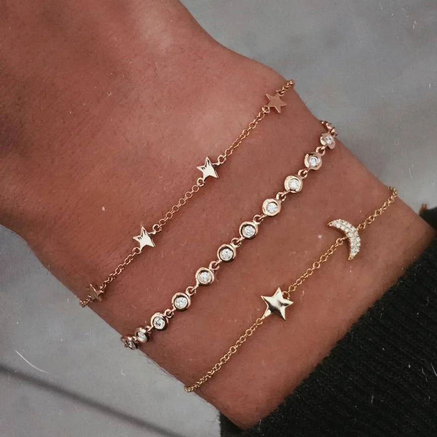 

3 PCS/Set Bohemia Simple Moon Star Bracelet Set for Women Retro Boho Gold Color Crystal Chain Charm Bracelets Ethnic Arm Cuff