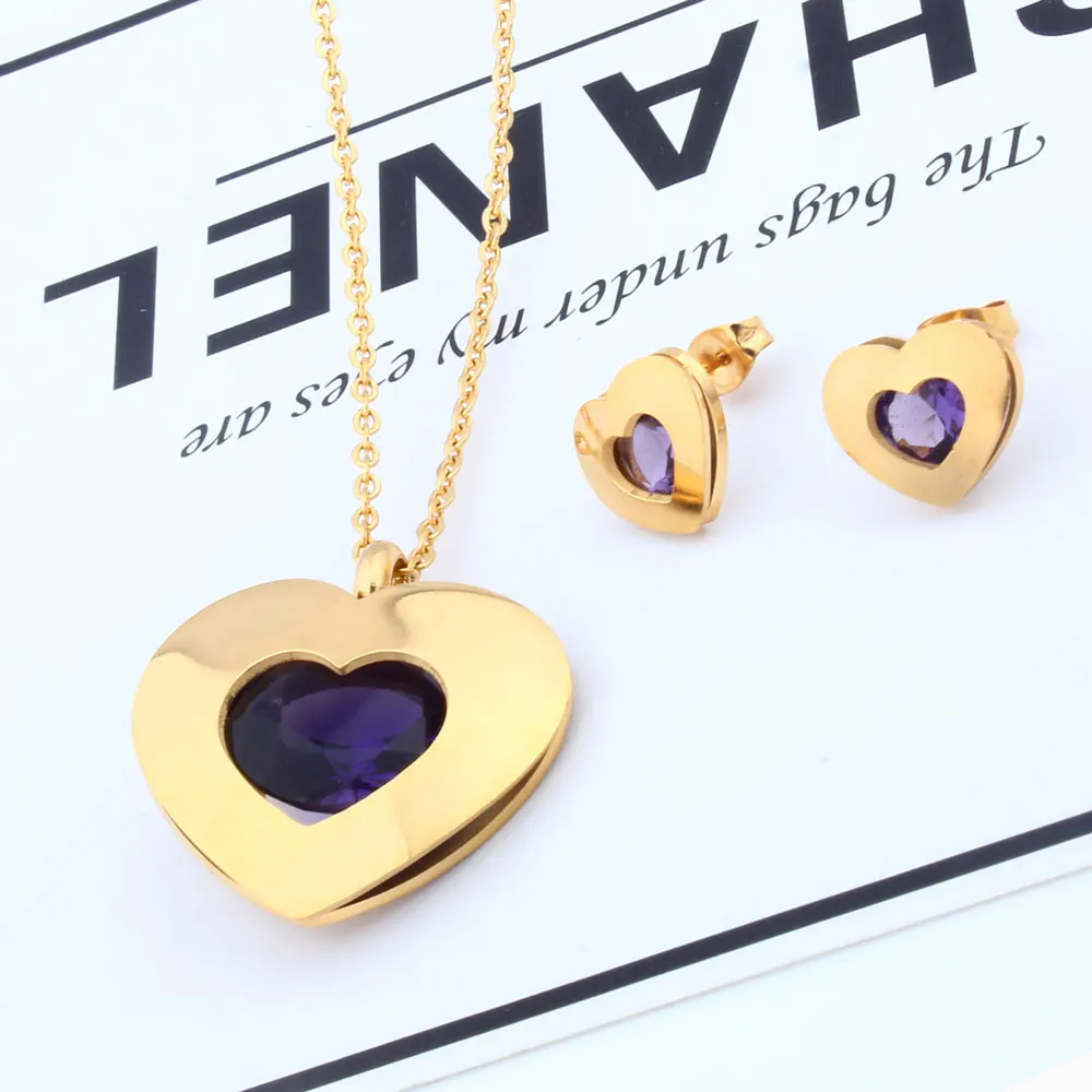 XUANHUA циркония сердце Ювелирные наборы из нержавеющей стали ювелирные изделия женщина мода ожерелье и набор сережек Подарки для женщин аксессуары - Окраска металла: Gold purple